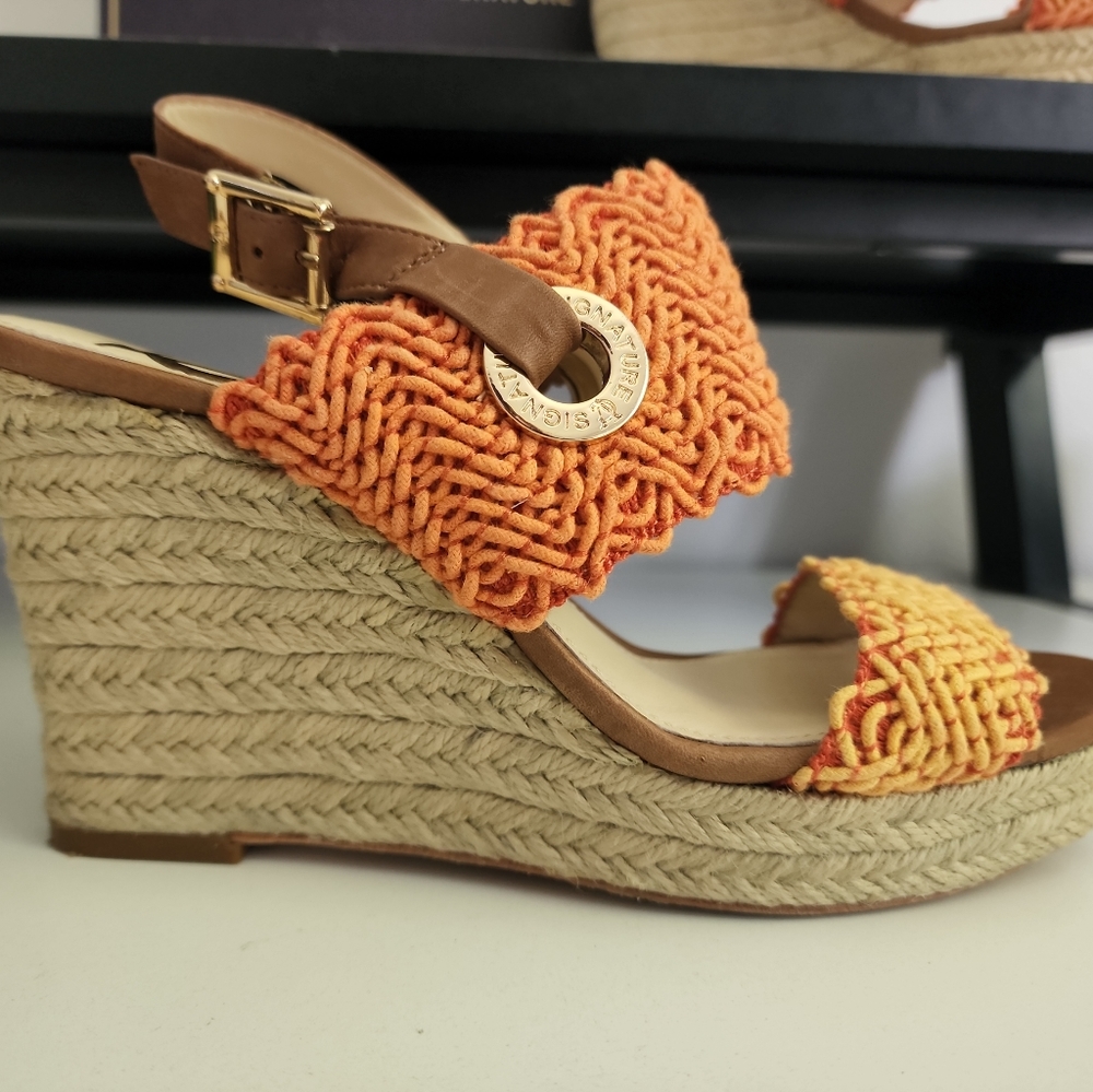 Leather Espadrille Wedge Sandal Orange, Crochet Slingback, VC Signature Size 6.5